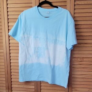 Handmade Bleach Tie Dye Tee Blue Lace Print Cotton Shirt Coastal Boho Size 2XL